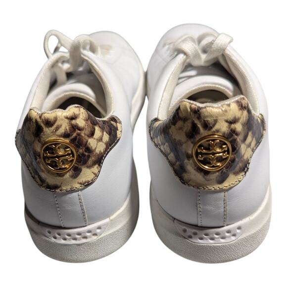 Tory Burch Howell White Leather Snakeskin Trim Low Top Lace Up Court Sneakers 10 - Picture 3 of 7